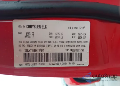 2008 Dodge Charger Srt8 z USA, uszkodzony, nr VIN 2B3LA73W88H197947